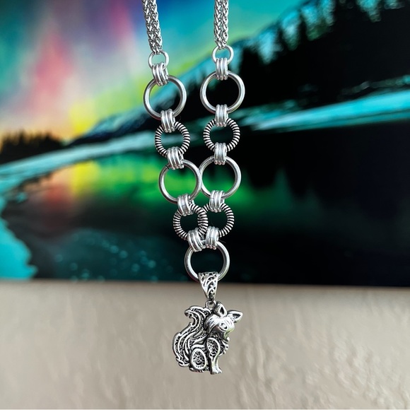 Handmade maille stainless steel necklace double wheat chain + fox design charm - Picture 14 of 15